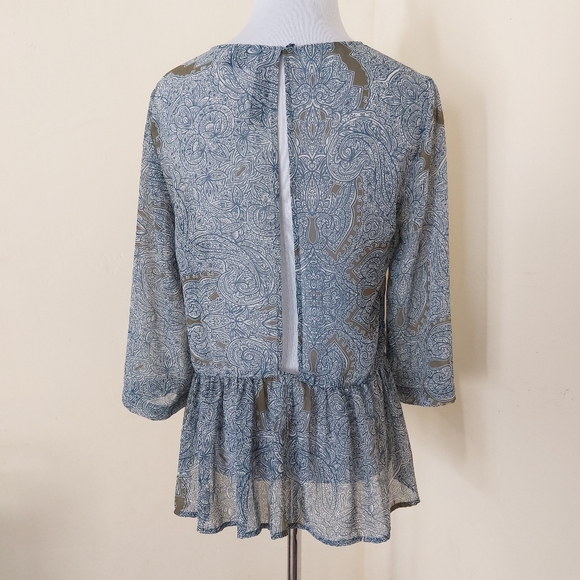 Petticoat Alley Floral Paisley Green Blue White Sheer Peplum Blouse - Picture 8 of 9